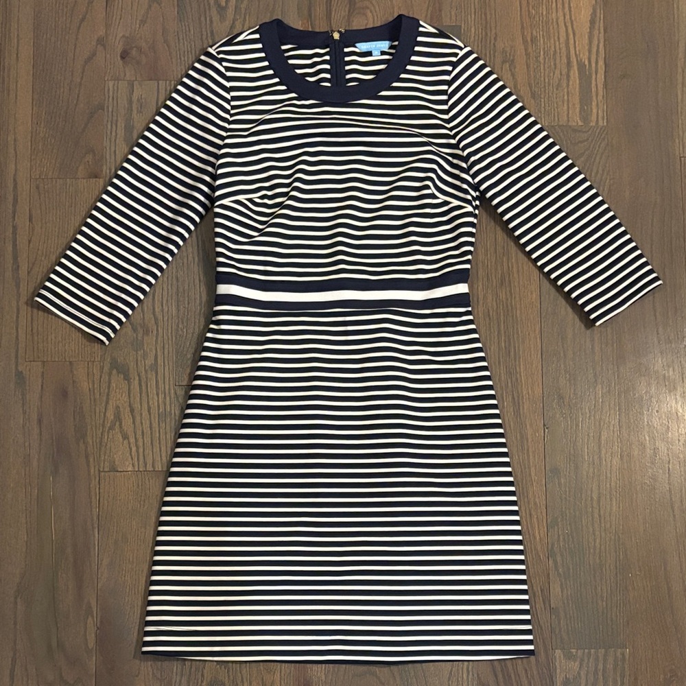 Draper James Navy and Cream Striped Presley Ponte Long Sleeve Dress